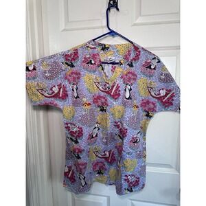 Looney Tunes Scrub Top | Flowers Bugs Daffy Tweety | Official Women's Medium